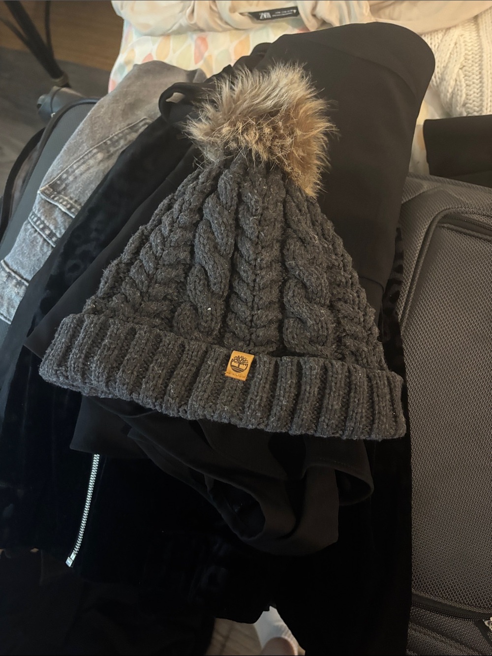 Timberland Kids Charcoal Cable Knit Beanie with Faux-Fur Pom